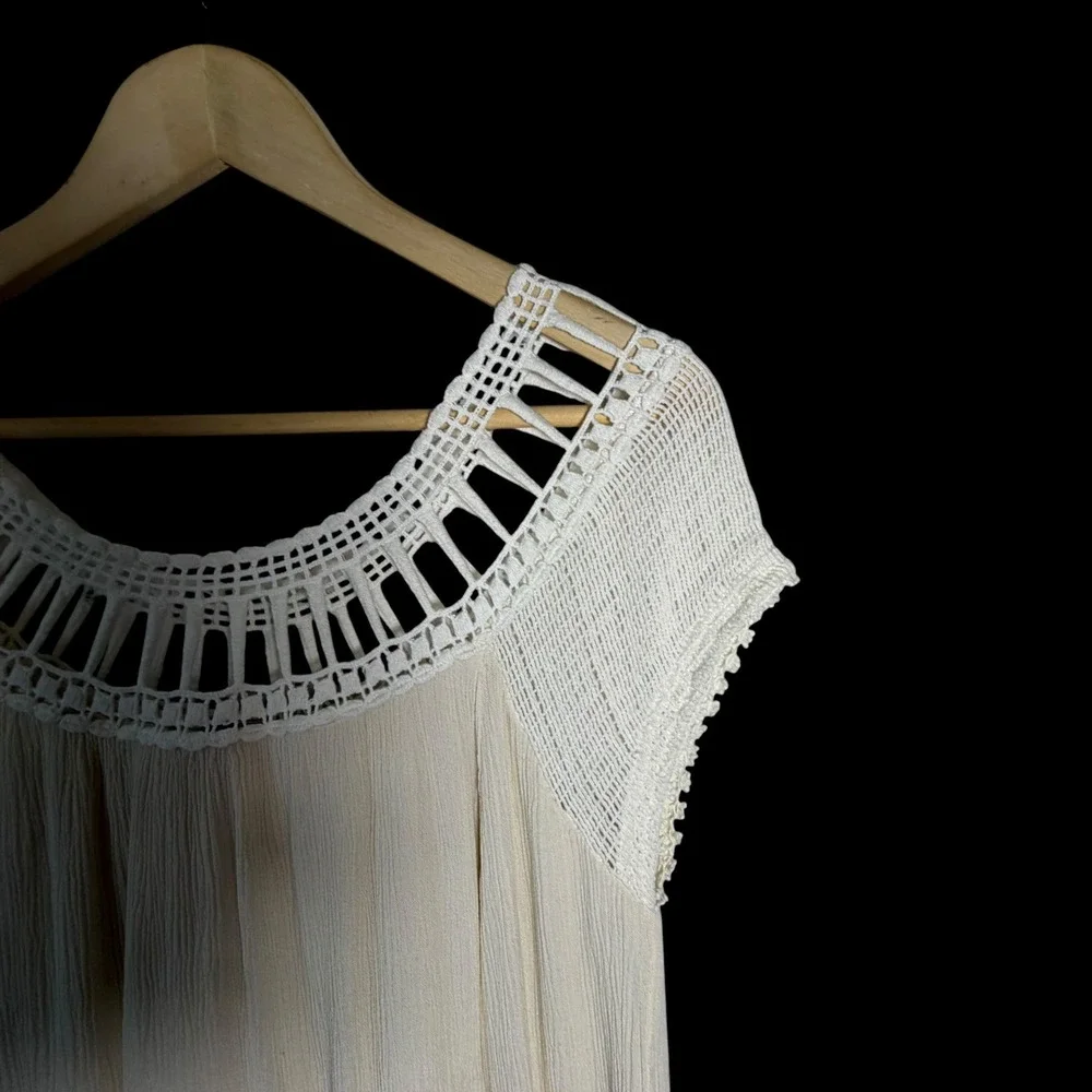 Free People Sundancer‎ Crochet Yoke Crinkle Mini Dress Cream Boho Tunic Large